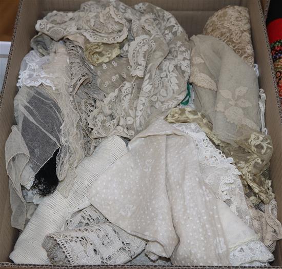 A collection of mostly machine made lace trimmings, collars and veils, from late 19th to early 20th century